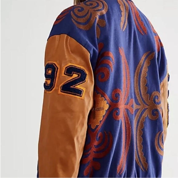 Free People Out Of Your League Bomber Jacket Patches Embroidered Blue Gold Tan - Picture 4 of 12